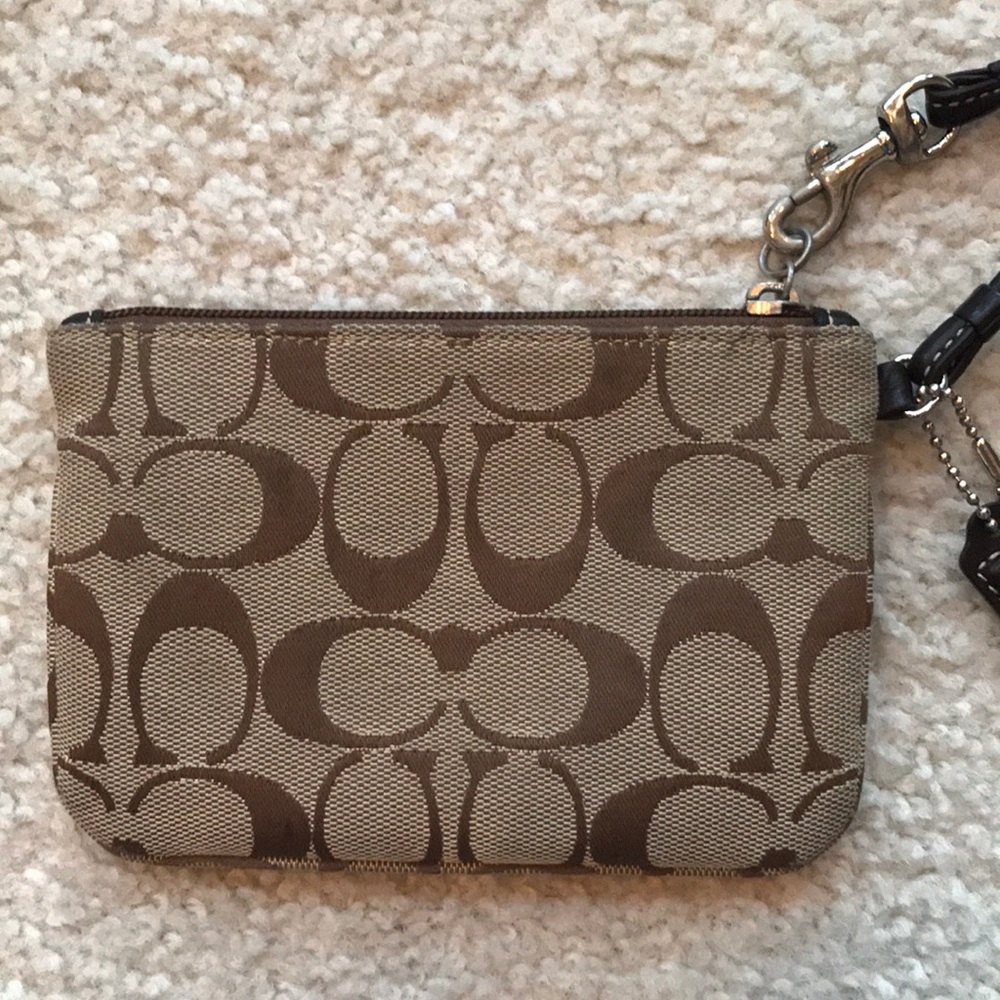 Coach Logo Tan Canvas & Leather Wristlet - Picture 5 of 8